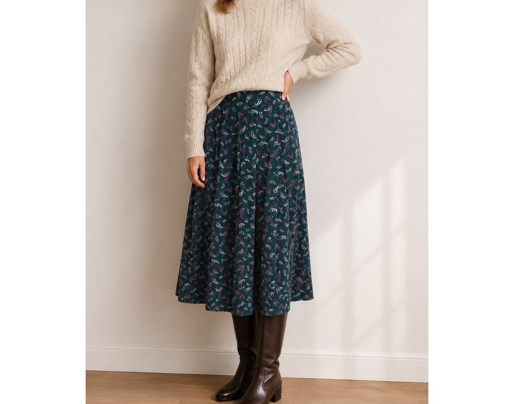 Britches Great Outdoors Forest Green Paisley Pleated Corduroy Riding Skirt 10